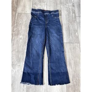 Spanx Jeans Blue Pull On Stretch Crop Flare Raw Hem High Rise Tummy Shaping Lg